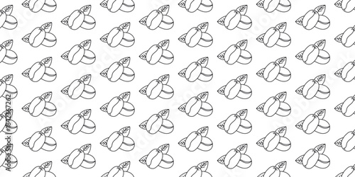 Seamless monochrome coffee pattern background featuring outline illustrations of coffee beans and steaming cups, ideal for graphic design, web backgrounds, or packaging materials