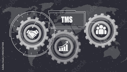 Three gray gears with partnership growth and teamwork on a dark map background with T M S label global network