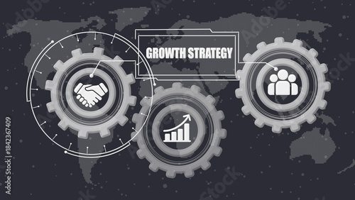 Three gray gears with on map background and growth strategy text box white