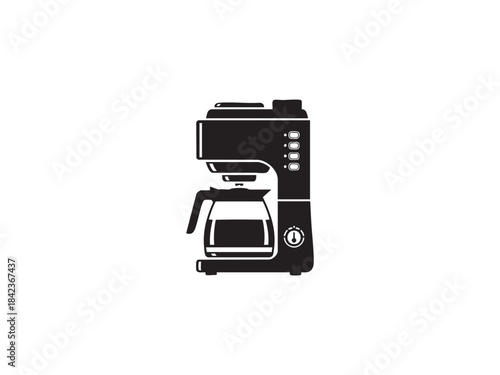 Black and white icon of a modern electric drip coffee maker with glass carafe
