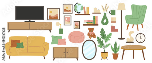 Furnishings and decorations in a living room setting with various items and colors displayed on a white background