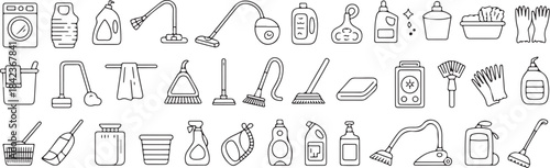 Cleaning line icons. Home cleaning. Clean up the house. Washing floors, windows, dishes, clothes and linen. Sweeping the floor and wiping dust. Outline icon collection.