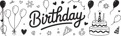 Vector line set .Birthday celebration with festive confetti, balloons, gifts, cupcakes, and a banner proclaiming "Happy Birthday".