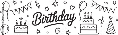 Vector line set .Birthday celebration with festive confetti, balloons, gifts, cupcakes, and a banner proclaiming 