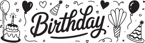 Vector line set .Birthday celebration with festive confetti, balloons, gifts, cupcakes, and a banner proclaiming 