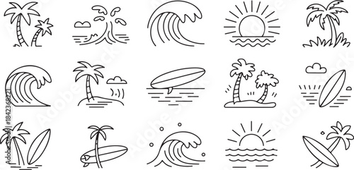 Summer set of icons in line style. vector set with tropical elements like palm trees, waves, surfboards, and sun. Perfect for summer designs,  posters design.