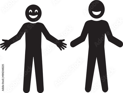 Smiling happy stick figures with open arms symbolizing welcome and friendship vector illustration graphic