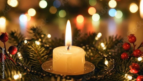 A christmas candle is being lit. Holiday decorations in the background and Christmas ornaments. Nice and cozy winter feeling with perfect genuine christmas atmosphere and feeling