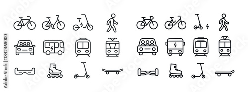 Line icons of transportation modes: bicycles, scooters, cars, bu