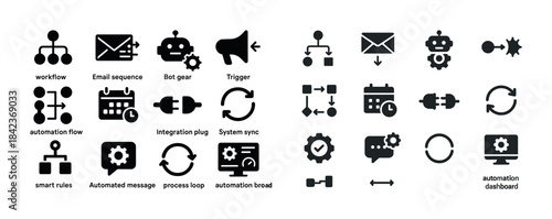 Icon set of workflow automation and system integration tools