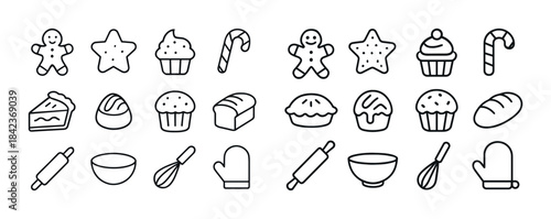 Baking icons collection: cookies, cupcakes, pies, bread, tools