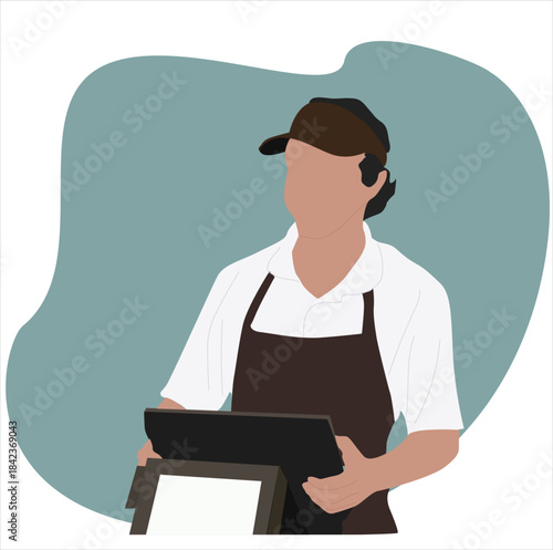 male cashier.Illustration of a young male cashier with a card reader at a store checkout counter