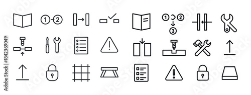 Collection of line icons: tools, instructions, checklist, lock,