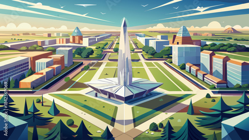 Very beautiful aerial composition featuring the Pentagon’s clean geometric layout and the elegant Air Force Memorial rising above a wide urban landscape under soft daylight clarity.
