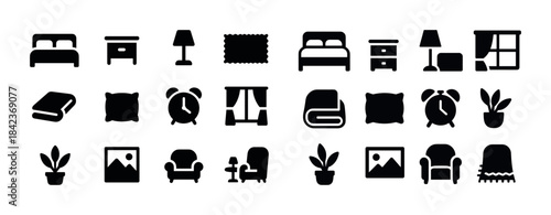 Home furniture silhouettes: beds, lamps, clocks, plants, chairs,