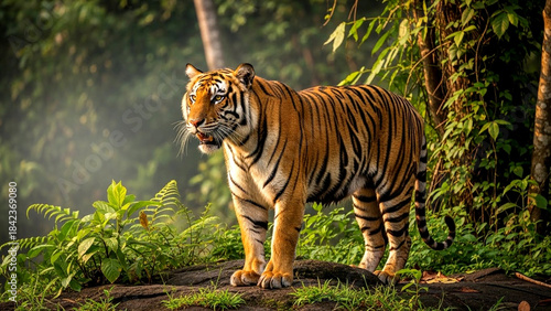 A powerful wild tiger surveys its dense sun dappled jungle kingdom with warm golden hour