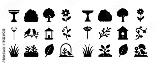 Garden icons collection: silhouettes of trees, flowers, birdhous