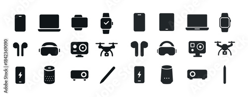 Silhouette icons of modern tech gadgets and devices in black