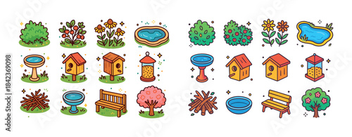 Whimsical garden elements: birdhouses, flowers, trees, ponds, bi