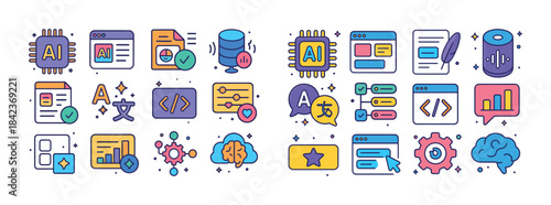 Colorful icons of ai, coding, and technology elements with moder