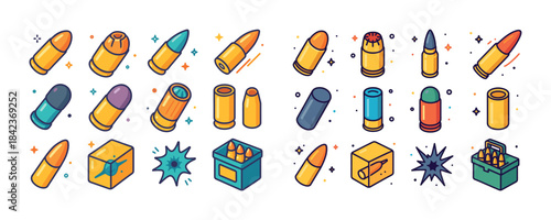 Vector collection of colorful cartoon bullets and explosive icon