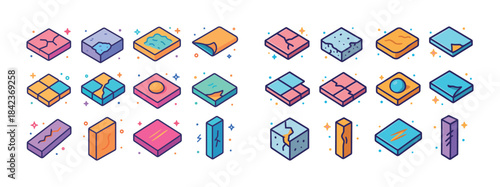Colorful isometric geometric shapes and patterns with stars and