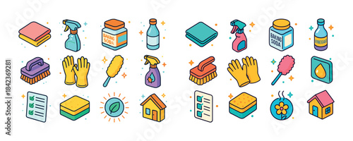 Colorful cleaning supplies with gloves, sprays, brushes, cloths,