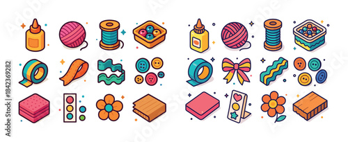 Colorful craft supplies collection with yarn glue buttons and ta