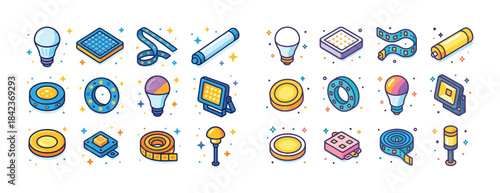 Isometric icons of led lights and smart home devices in colorful