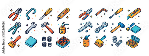 Illustration of various hand tools and maintenance equipment ico