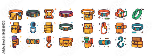 Colorful icon set of utility belts, buckles, and pouches for cam