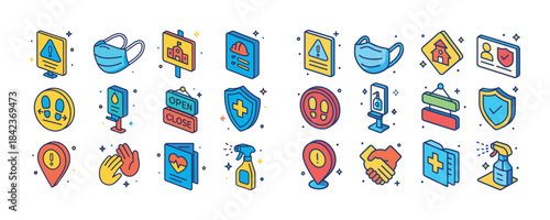 Colorful safety icons set with masks, signs, and hygiene symbols