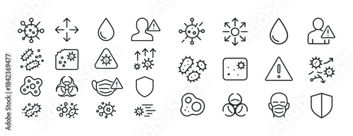Virus and health safety icons set: mask, virus, shield, alert sy