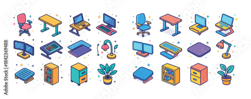 Colorful isometric office furniture and electronics collection