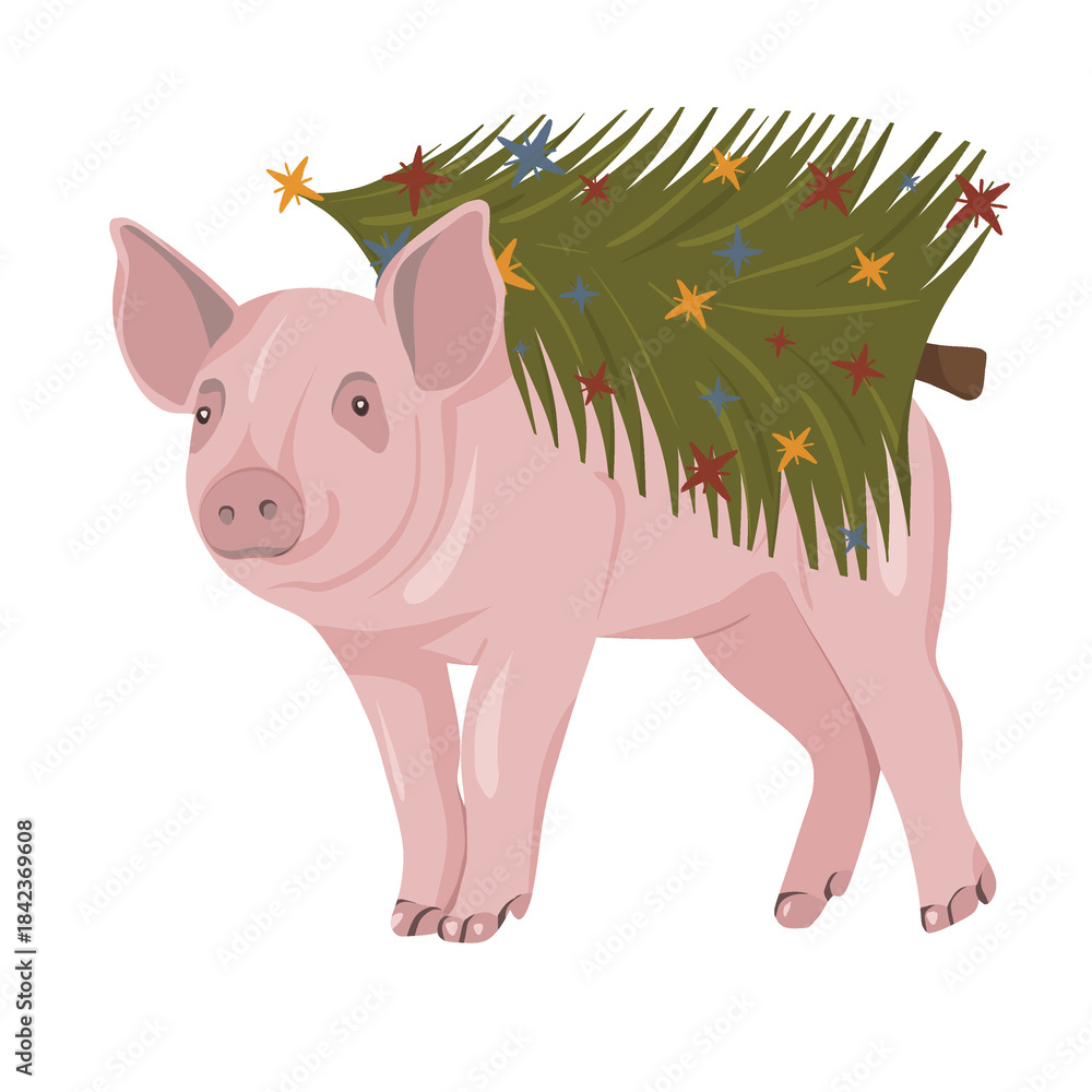 Fototapeta premium Cheerful Chinese zodiac pig carrying a decorated pine tree. A fun and warm holiday-themed illustration perfect for festive prints, products, and seasonal campaigns.