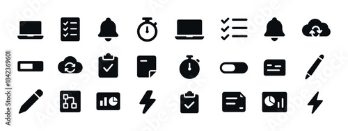 Set of black business and technology icons including laptop and