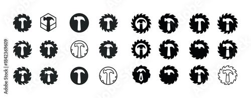 Diverse hammer and saw blade icon set for tools and construction