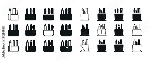 Set of diverse black and white silhouette pencil holder icons