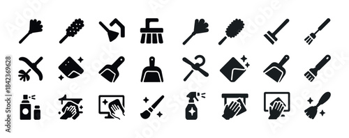 Set of black cleaning icons featuring tools and supplies for hou
