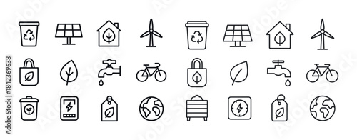 Eco-friendly icons: recycling container, solar panel, wind turbi