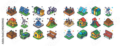 Isometric eco-friendly community icons illustrating sustainabili