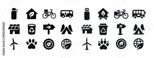 Collection of eco-friendly icons including recycle, solar, and n
