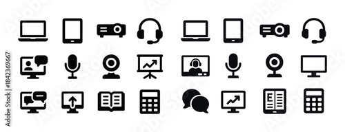 Technology icons: laptops, tablets, projectors, headphones, micr