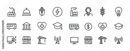 Set of 20 simple black business and industry icons