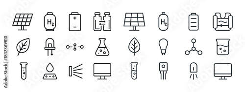 Renewable energy and science icons: solar, hydrogen, chemistry,