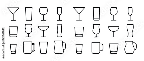 Outline collection of various drinkware and glass shapes