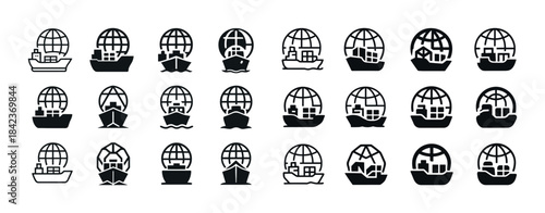 Global shipping icons: diverse ship and globe designs in black a