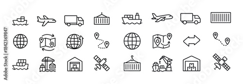 Transportation and logistics icons: ships, planes, trucks, maps,