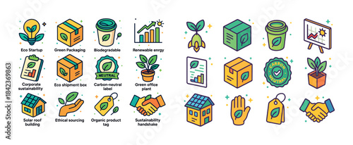 Eco-friendly icons highlighting sustainable practices and innova