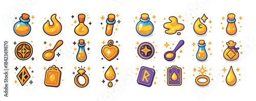 Magic potion and alchemy icons: bottles, symbols, and charms